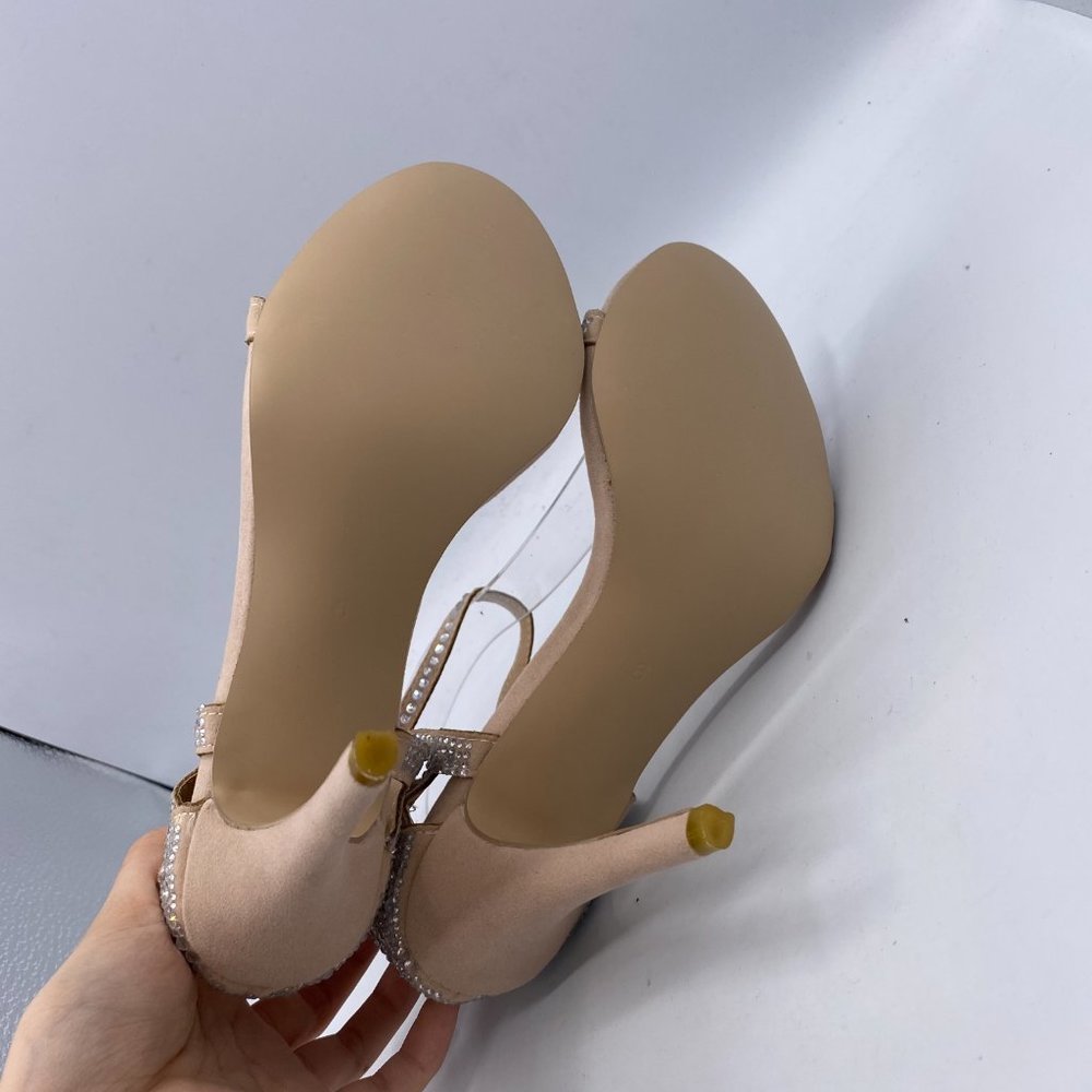 FSJ Nude Rhinestone Stiletto Heels Bridal Sandals - Picture 8 of 15